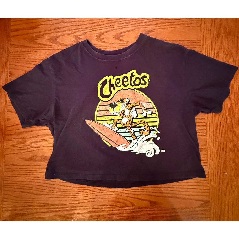 Cheetos Chester Cheetah Graphic Crop Top Womens XL Black Surfing Retro Tee